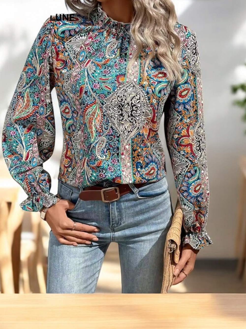 Women’s Multicolor Paisley Ruffle Frill Stand Collar Flounce Sleeve Blouse 3XL